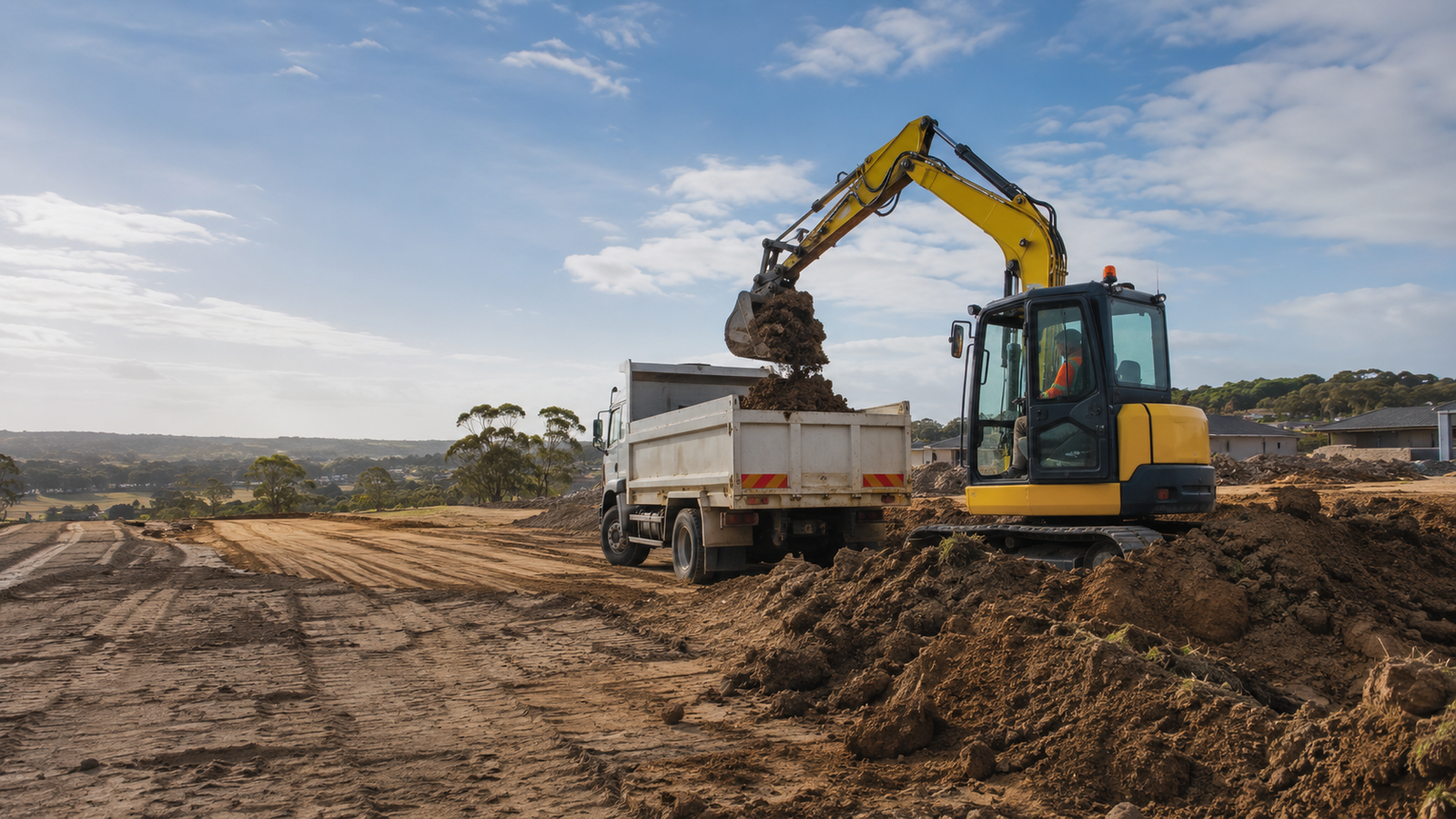 Excavator and earthmoving machinery on site