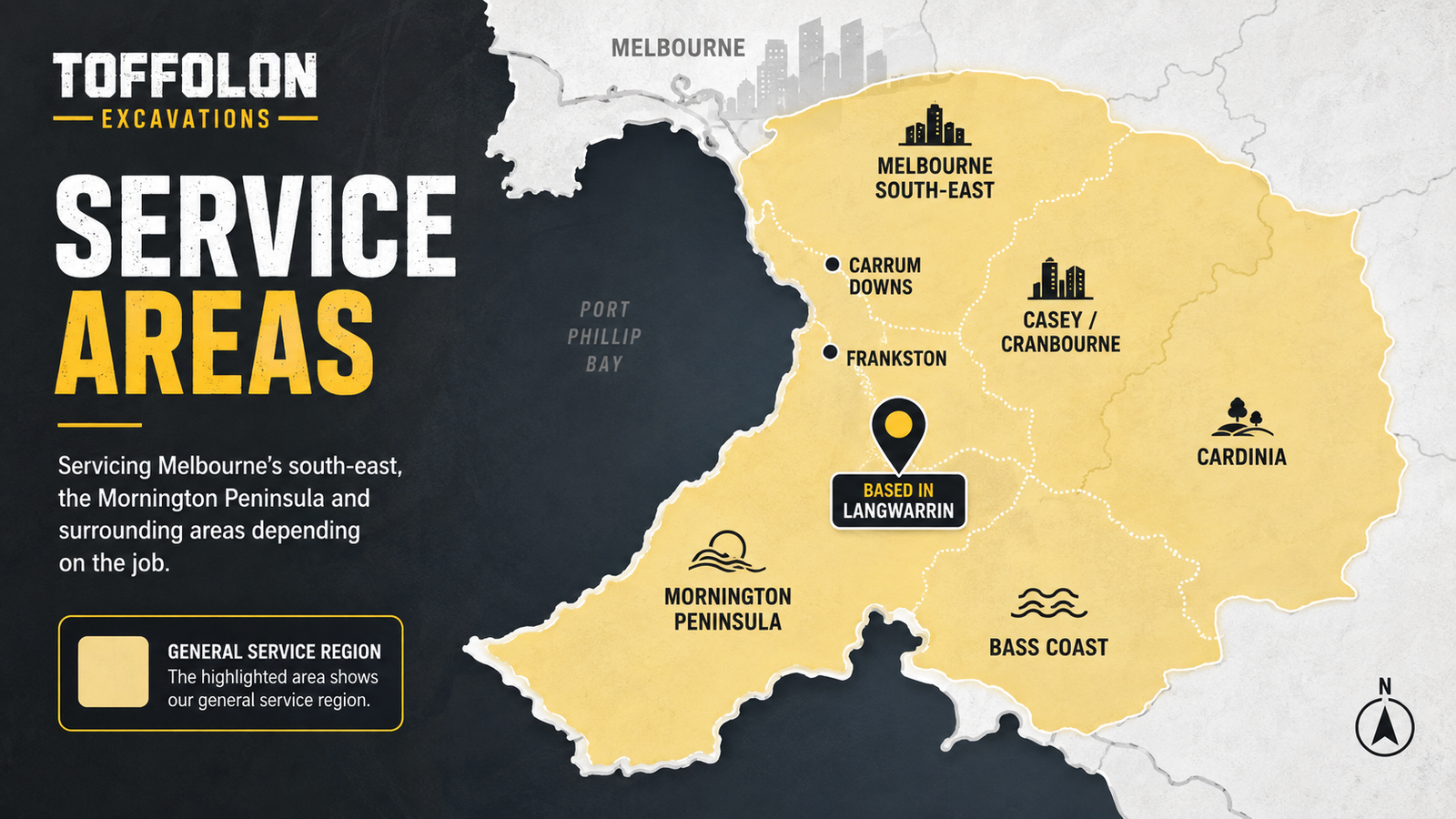 Toffolon Excavations general service area map covering Melbourne south-east, Frankston, Casey, Cardinia, Mornington Peninsula and Bass Coast