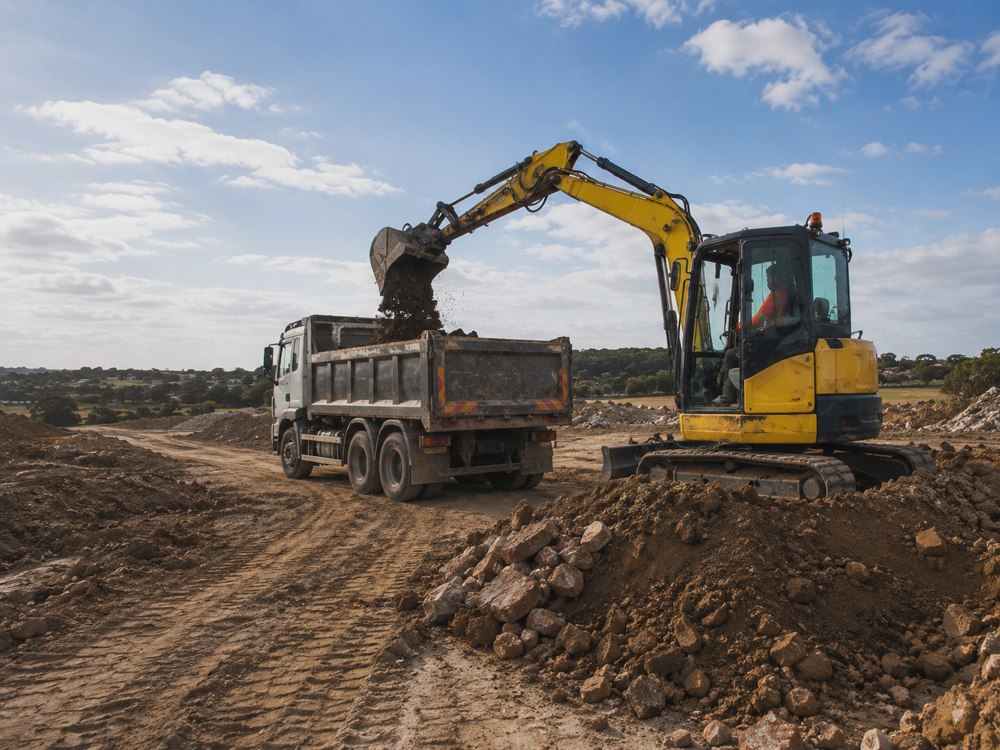 Spoil removal excavation work loading material into a truck