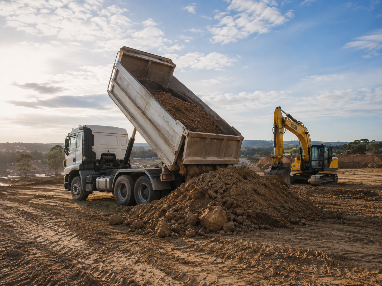 Tipper truck unloading material on an excavation site