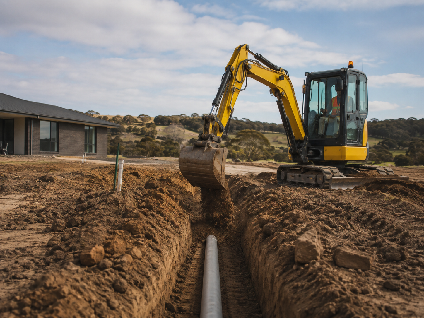 Excavator trenching work for services and drainage